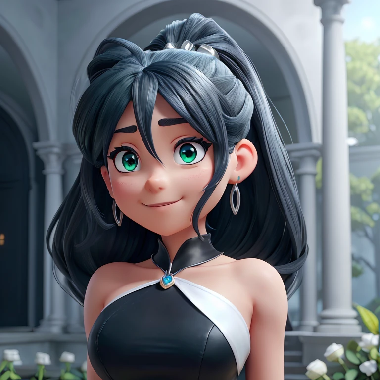 Full length realistic anime style portrait,of a dark woman,high quality 8k resolution,Silver white long hair ,collected in the form of a ponytail, Perfect beauty, big, well-defined dark blue eyes, pointy ears, silver earrings in the ears,silver tiara on the forehead, perfect smile, silver necklace with a blue sapphire in the center, hanging from the chest, perfect body, big breasts,thick legs ,short black low cut dress, Black gloves on hands, black ankle boots on feet,inside a green and lush garden full of sky blue roses, surrounded by white marble columns,