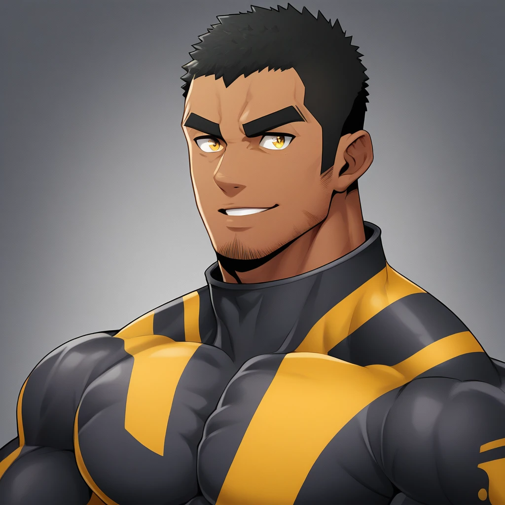 anime characters：Gyee, Muscle Sports Student, negro black skin, 1 dark skin muscular tough guy, Manliness, male focus, Dark grey high collar long sleeve wetsuit, Matte texture, Very tight, Round, full and perky chest muscles, Slightly transparent, muscular male, muscular, only, Upper body, alone, Black short hair, Thick eyebrows, stubble, Yellow eyes, Grey background, simple background, amazing quality, best aesthetics, Ridiculous, bright pupils, crew cut, parted lips, seductive smile, torogao, naughty face,  best quality