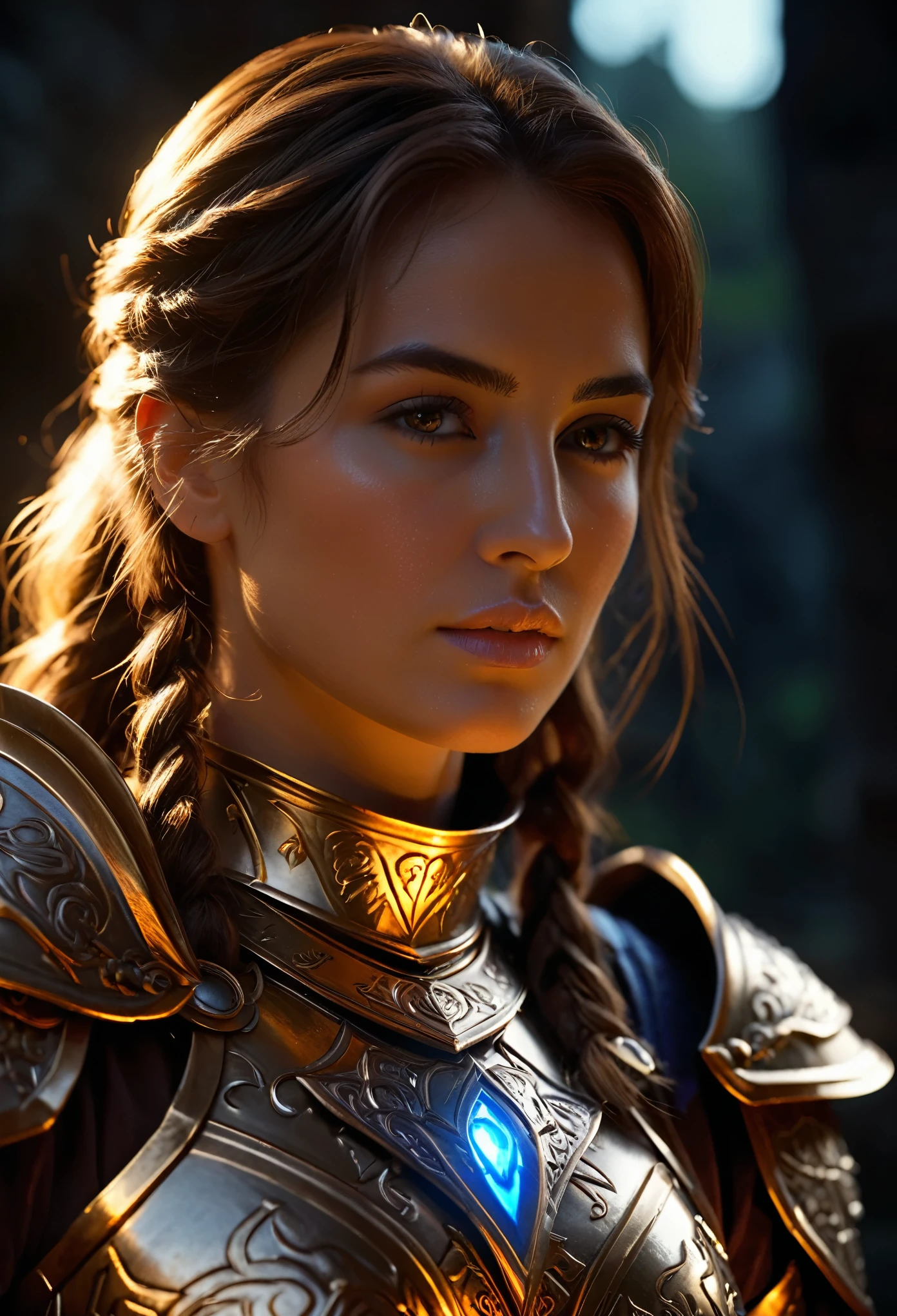 a resolute lady paladin in intricate glowing armor, dramatic cinematic lighting, epic fantasy, highly detailed, photorealistic, 8k, masterpiece, intricate armor, beautiful detailed face, sharp focused, volumetric lighting, cinematic angle, dynamic pose, fantasy landscape, glowing runes, dramatic shadows, rich colors, chiaroscuro