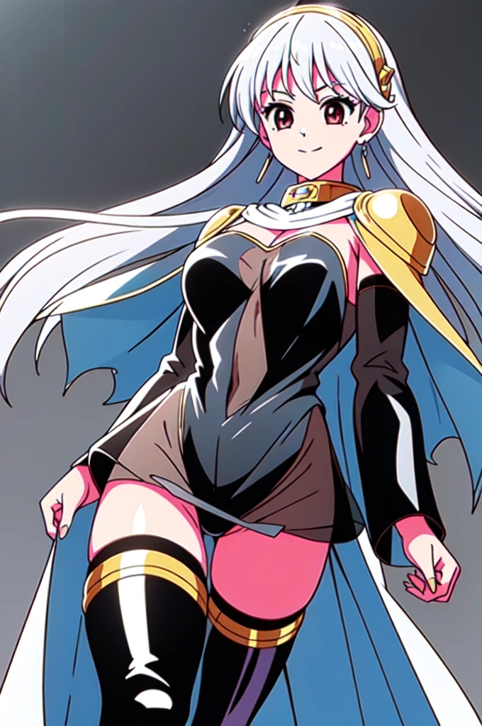1girl,solo,(clergy:1.4),(cowboy shot),standing,(white hair:1.6),long hair,(orange eyes:1.2),(golden hair brooch:1.1),(beautiful fingers:1.4),(perfect anatomy:1.6),(arms_behind_back:1.6),(cold_shoulder:1.2),(black leather lace glossy silk lamé priest clothes:1.6),(black leotard:1.6),(latex luster shiny glossy metallic:1.4),(shiny_clothes:1.4),(white Clear PVC sheets sleeves:1.4),(sheer sleeves:1.4),(see-through sleeves:1.4),(wide sleeves:1.2),small breasts,masterpiece,best quality,(Ultra high definition eyes:1.2),8k,(Beautiful detailed eyes:1.2),(Fine and beautiful eyes:1.2),(pretty eyes:1.2),finely detail,extremely CG, absurdres,high resolution,illustration,Detailed and beautiful outlines,finely detail,high resolution,(colorful refraction:1.4,Increase saturation:1.2),beautiful lighting,dynamic lighting,closed room,black background,simple background, smile,looking at viewer,leona,(black cape),gold choker,(black thigh boots)