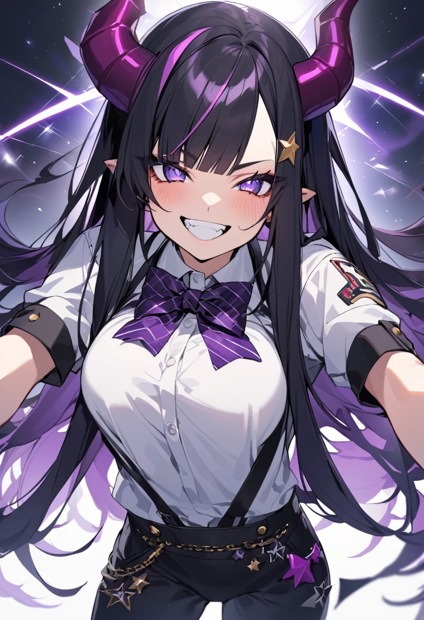 A girl with long black hair with straight bangs, with hair cut at the ends. Two large strands in the front, one bigger than the other. A rebel thread. A small white streak in your bangs. Two demon horns, one purple and one black, both with a dark purple star. one black eye and one purple eye. A purple star on your right cheek. black wide pants. All star shoe. Full white shirt with a bow tie with a star in the middle, with short sleeves. big boobies. Grinning. She is a star demon. She is standing looking at the camera. In one of his eyes a star in the black eye case, in the black eye and just black. Sex girl. Sex girl.