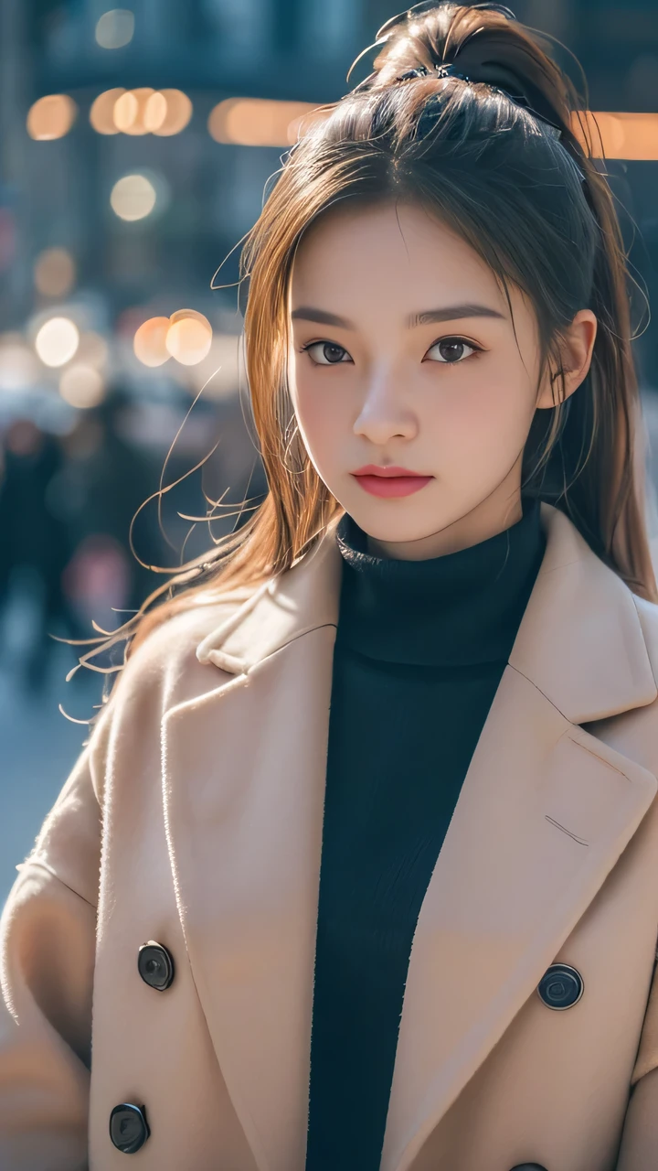 blush,24 years old,winter,European Cityscape,Long hair ponytail,winter clothes,Brown collar coat,Long skirt,Close-up of face,((8K, RAW photos, best quality, Piece Fly:1.2), (Reality, Reality:1.4), (Highly detailed 8K wallpaper), Depth of writing boundaries, light, Soft Light, Detailed eye beautification,#1: Shiny and Sleek Light Brown Ponytail, Asymmetrical bangs, Glowing skin, Super delicate skin ,high resolution, High Detail, Detailed hairstyle, Detailed Beauty Face, 超Reality, Perfect limbs, Perfect anatomical structure ,1 Japanese girl,Famous Japanese idols, Perfect female body,Shy laugh,Short eyelashes,Double eyelids,Look here directly,Hairstyle is ponytail,