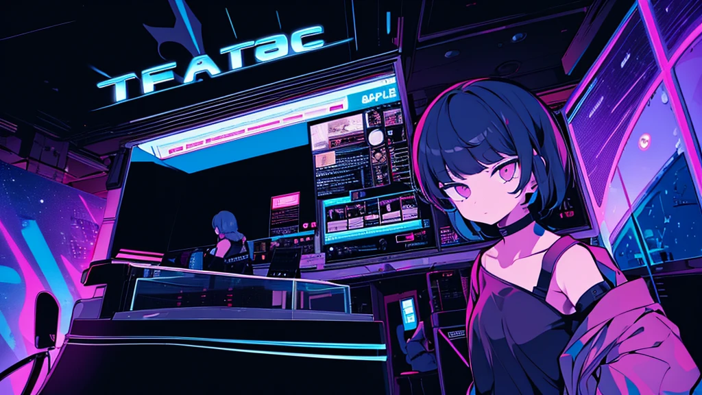 Best quality, (masterpiece:1.2), best detail face, 1 girl, big breasts, 18 yo, 8k,absurdres,unity 8k wall paper,(extremely detailed:1.3), highest realistic, (soft neon light:1.1), (floating hair:1.2), (psychedelic:1.2), ((The space where RAVE is taking place)), A space filled with music equipment, A lazy, annoying attitude, Light clothing in summer, You can see the whole room, The girl is on the edge of the photo