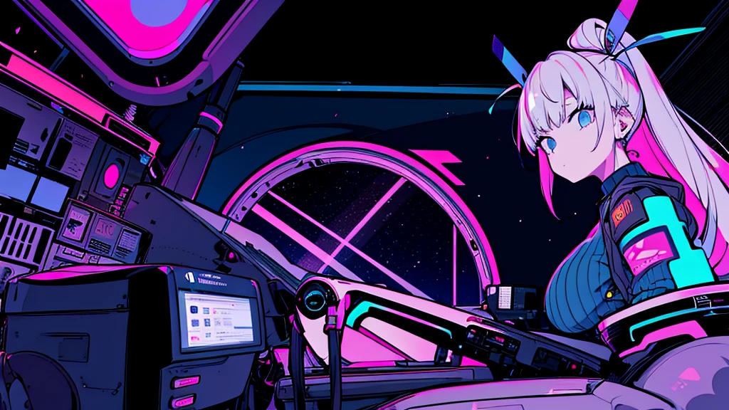 Best quality, (masterpiece:1.2), best detail face, 1 girl, big breasts, 18 yo, 8k,absurdres,unity 8k wall paper,(extremely detailed:1.3), highest realistic, (soft neon light:1.1), (floating hair:1.2), (psychedelic:1.2), ((The space where RAVE is taking place)), A space filled with music equipment, A lazy, annoying attitude, Light clothing in summer, You can see the whole room, The girl is on the edge of the photo