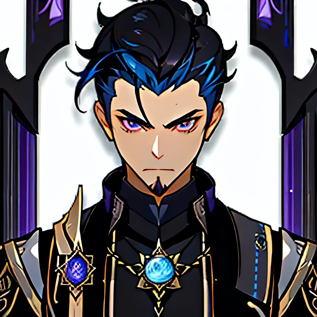 Simple white background, Genshin Impact male character, unique character, serious appearance, black suite, short, wavy and black hair, slicked back, goatee, visual novel, detailed black armor, high quality, cinematic, dramatic pose, intricate details, vibrant colors, masterpiece, Genshin Impact, purple jewel on a golden coat of arms