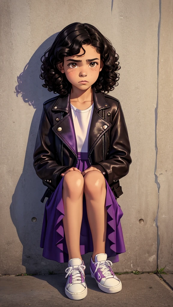 13-year-old girl, sad but loving face, curly black hair, brown eyes, purple dress, leather jacket and white sneakers.