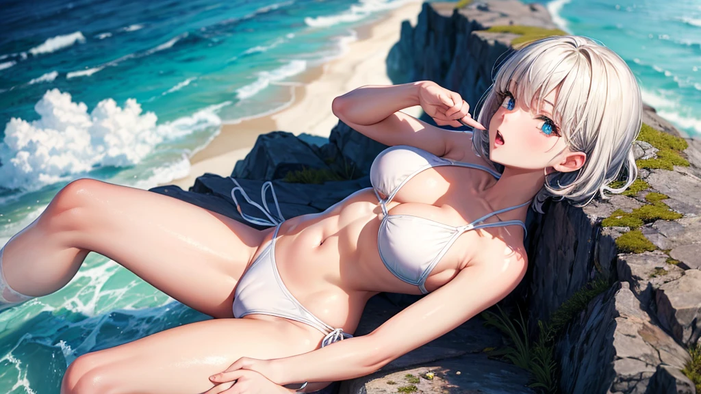 masterpiece, Highest quality, View Viewer, look up, From above, Kiss the viewer, Ocean, Exposing shoulders, Open your mouth,White swimsuit,Micro Bikini,Low-rise string shorts,short hair,One person,,