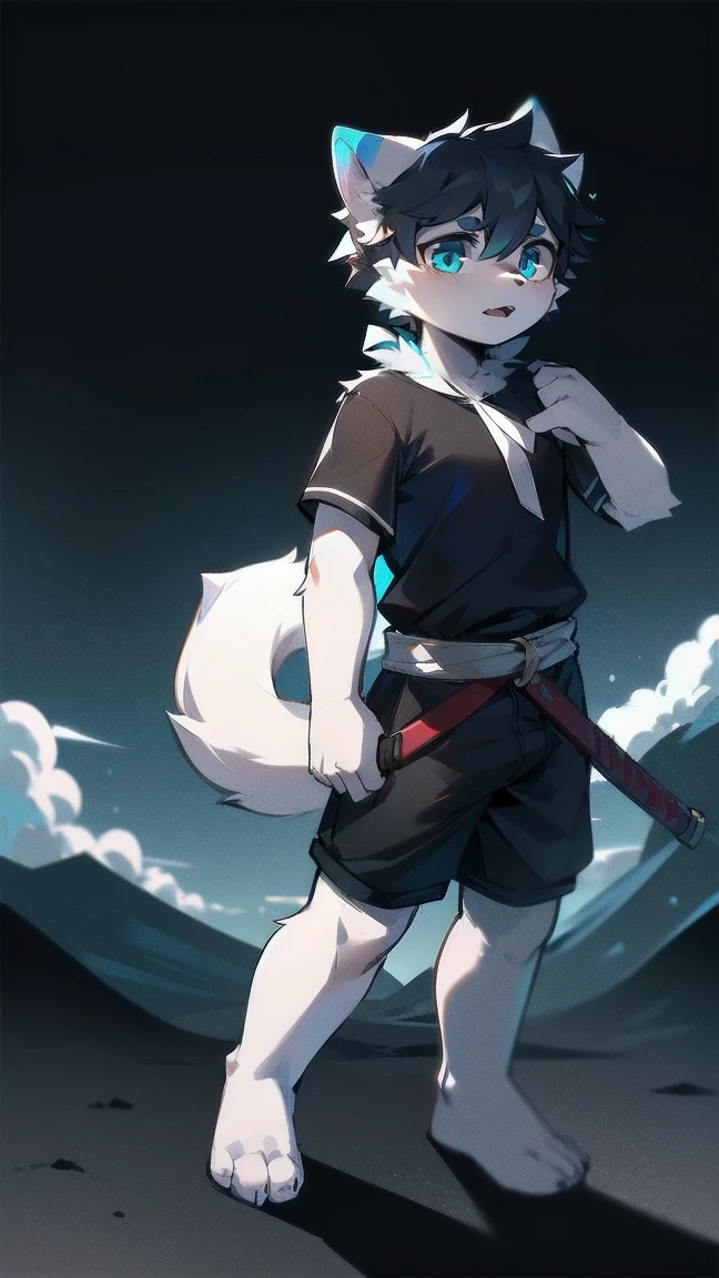 White Wolf,black hair,Sky blue eyes,hairy,Wolf ears,Wolf tail,Full body portrait,The character is in the center of the frame,Handsome,Confident eyes,male,juvenile,Black and white combat uniform,Red neck bib,Black shorts,Short sleeve,hairy arms and legs,Dark background,Dark battlefield,dawn,sunrise,dawn,illumination,shadow,Swordsman,Scabbard and sword,Hold the hilt of a sword in your hand,The scabbard is at the waist,Highest quality