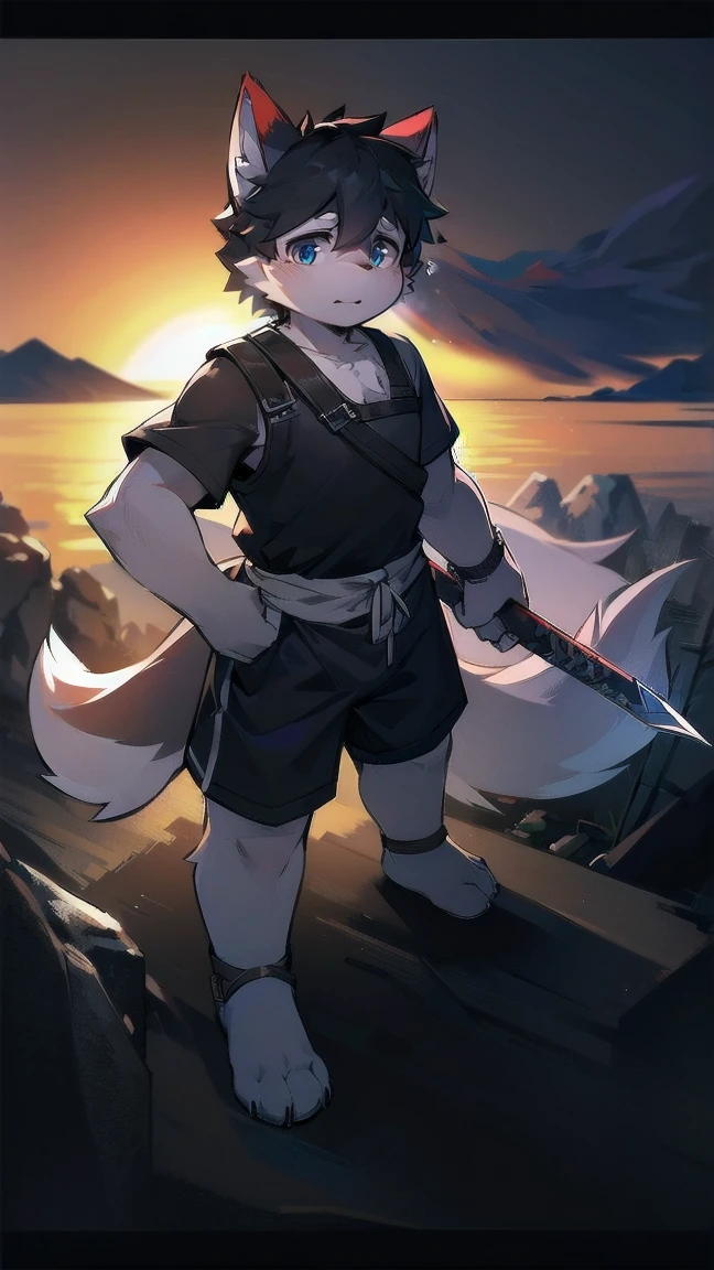 White Wolf，black hair，Sky blue eyes，hairy，Wolf ears，Wolf tail，Full body portrait，The character is in the center of the frame，Handsome，Confident eyes，male，juvenile，Black and white combat uniform，Red neck bib，Black shorts，Short sleeve，hairy arms and legs，Dark background，Dark battlefield，dawn，sunrise，dawn，illumination，shadow，Swordsman，Scabbard and sword，Hold the hilt of a sword in your hand，The scabbard is at the waist，Highest quality