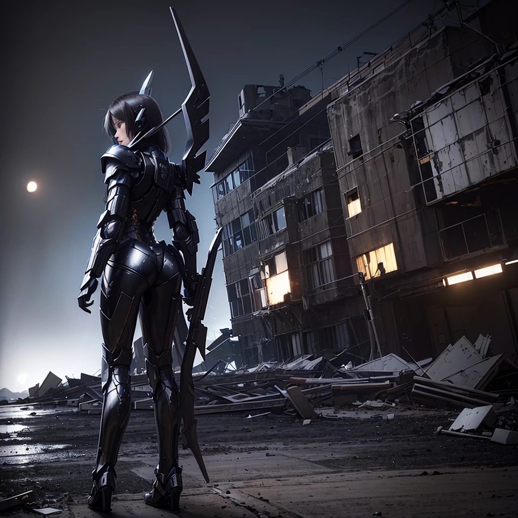 female mecha wings of angel, in black armor, in a destroyed city, the night, with an eclipse in the background