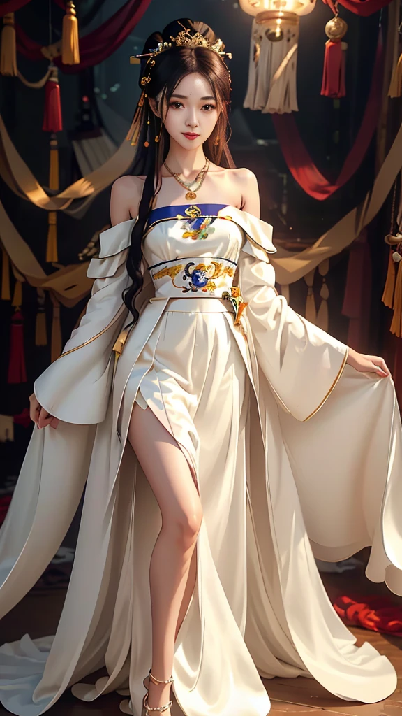 Girl in traditional Chinese clothing, Hanfu ,long black hair, black eyes, black bun hairstyle, hair accessories ,white diamond earrings, Bangle Diameter, Dia Necklace, Clear eyes, Facing forward,put on makeup, Long eyelashes ,(Long shoulder coat:1.5), (long white skirt:1.5), ((Whole body)), ((from below))ฃ, Clear face, , (Very beautiful face, Beautiful mouth, beautiful eyes), detailed face, ((Ultra-fine skin)), In the dark, deep shadows, an ancient Chinese girl (Very slim figure 1.3) ,Plump breasts, sexy slender legs elegant posture (smile brightly) ,(slum:1.5),