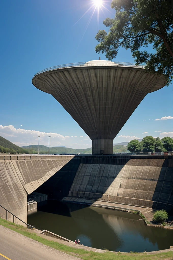 Generate an image in which UFO spaceship hiding under the dam water and people around don't aware about it.