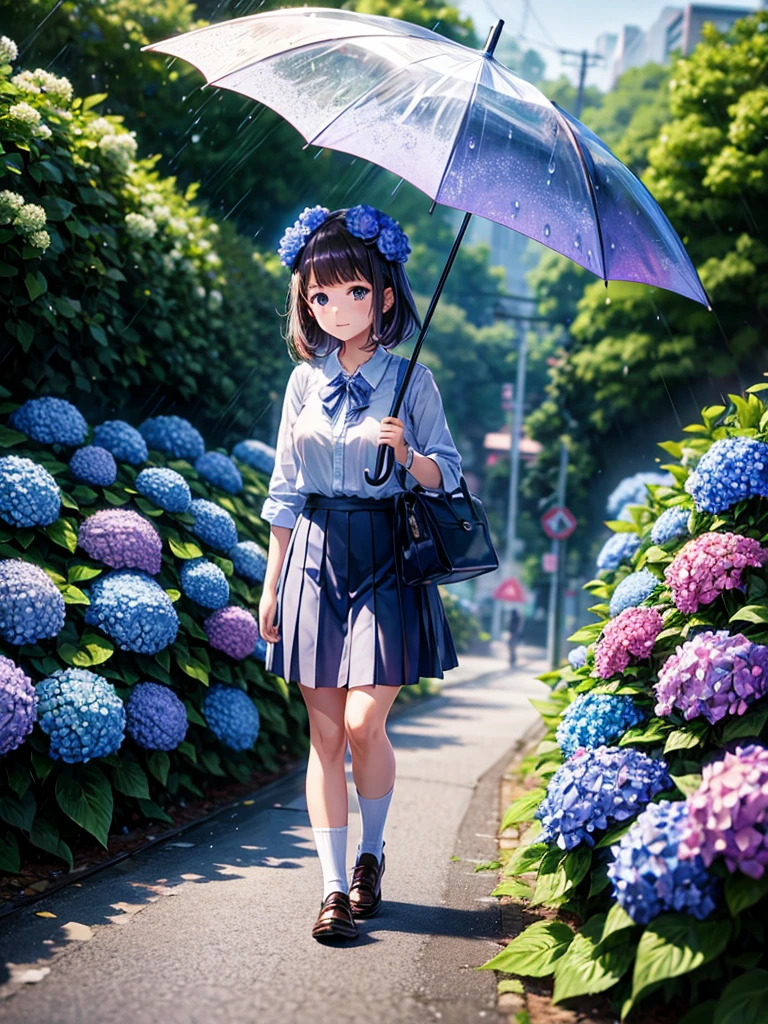 Highest quality,Highest Resolution,rainy season,A road lined with hydrangeas,High school girl walking with an umbrella,