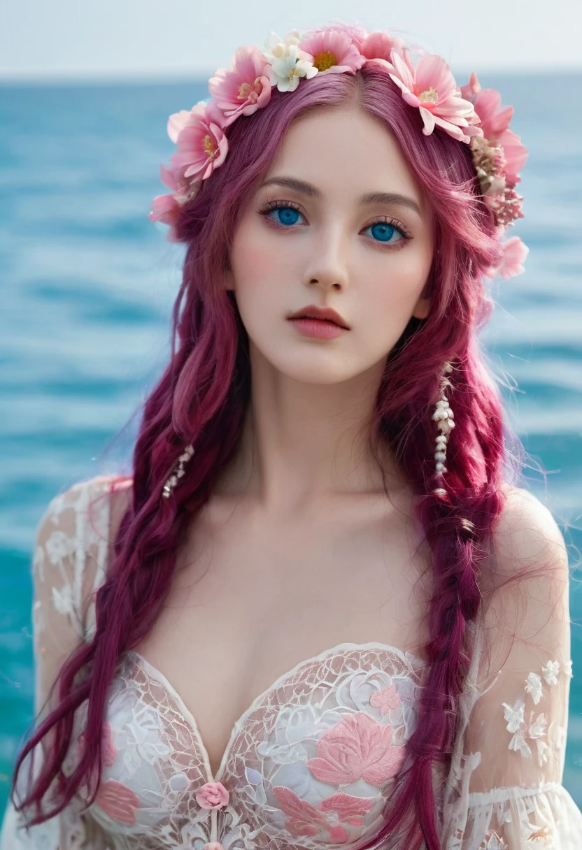 ( Absurd , High quality , ultra detailed, careful with hand )Zodiac - Cancer goddess , similar to latin goodness , Intelligent, crafty, rational, strong-willed face , mature , Tenacious, moody, irritable, oppressive style ,  ocean blue eyes(eyes detail), long hair , dark pink hair , transparent dress , lace lingerie, in the ocean with flowers  , whole body , innocent make up look ,