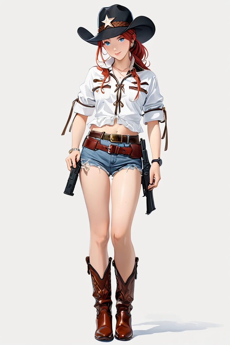 (((NSFW:1.9))),(((Nude:1.9))),score_9, score_8_superior, score_7_superior, とてもbeautiful, sauce_anime, detailed, high quality, beautiful, masterpiece, detailed eyes,((White monochrome background)),((Alluring face:1.2)) Hat Adjustment,Redhead, ponytail, blue eyes, freckles, Side Lock, watch,Brown gun belt with holster,Cowboy hat, Cowboy boots, PDXL ,((Full Body Shot:1.5)),((Drunk:1.5))