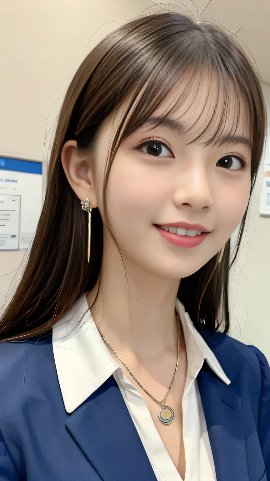 Highest quality:1.2), RAW Photos, High resolution, Very detailed, Intricate details, 、ear piercing、smile、Emphasis on teeth、Black Hair、hairstyle semi long、ウェーブのかかった髪、 (Front view, ), Clear beauty, Upper Body, (High quality fabric, Office Lady Suit 、 Necklace around the neck
