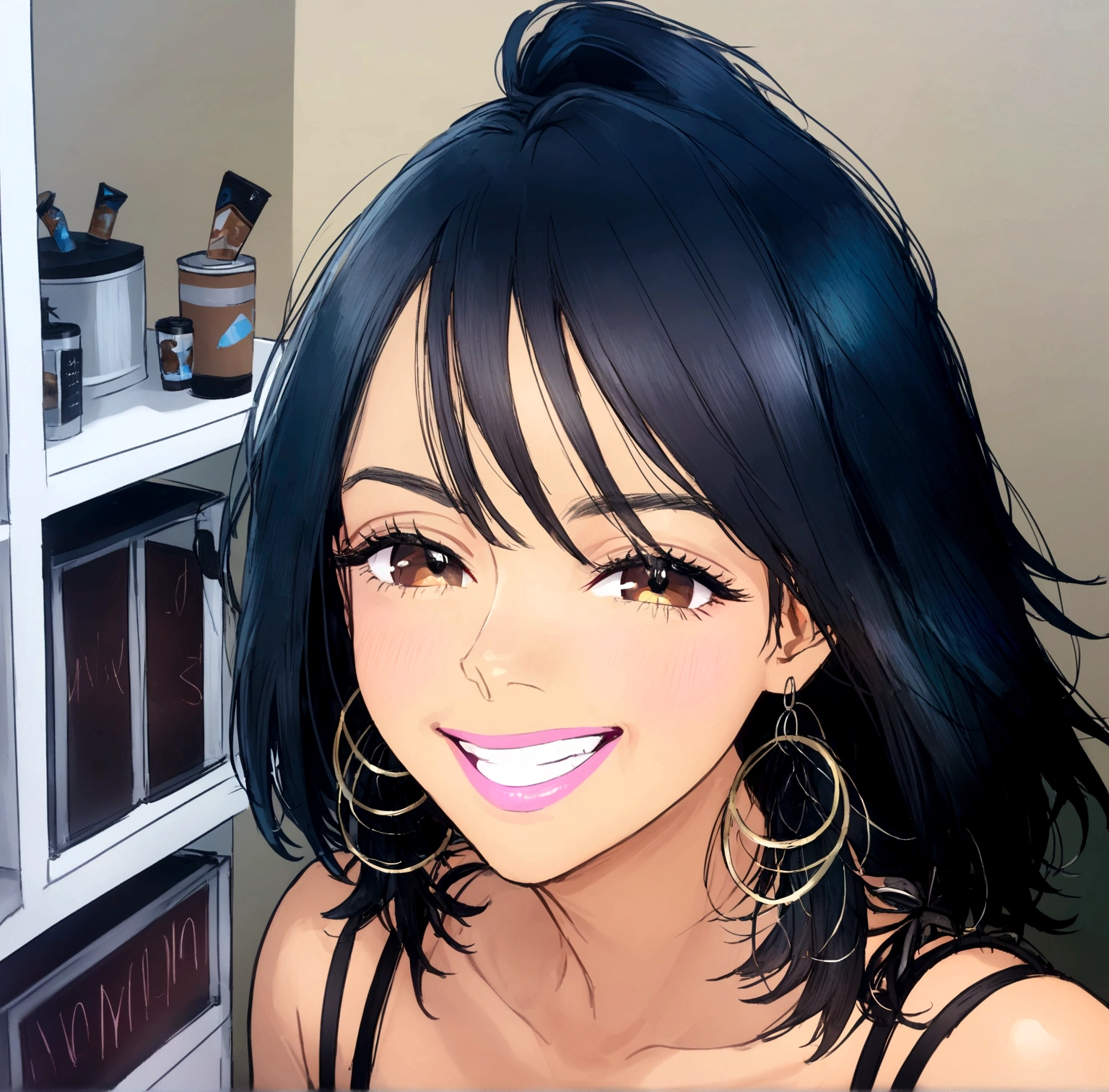 Woman, brown skin, Brown eyes, black short hair, Grinning, not Disney Pixar style, high qualiy, best qualityer 