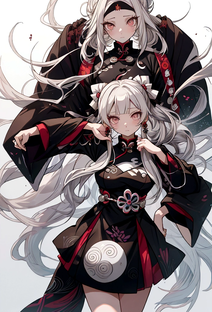 estilo kimetsu no yaiba , Women , long brown and white hair half half , with a yin and yang breathing suit