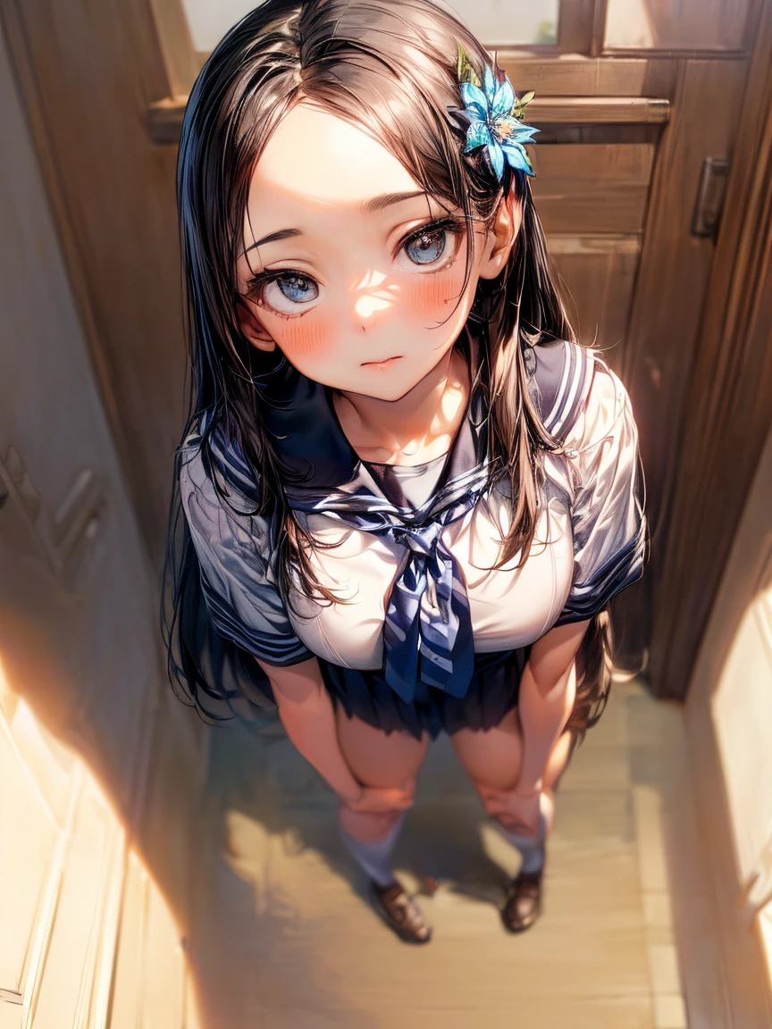 (High School Uniform:1.5)、(Spread your legs)、(Rich color expression)、(Big Breasts)、8K resolution、 masterpiece、((Highest quality))、Anatomically correct、The girl is alone、(I narrowed my eyes a little..:2)、(Flower Hair Ornaments)、(tie)、(ribbon)、((Hasselblad Photos))、[:(Detailed face:1.2):0.2]、(On all fours)、(Standing on tiptoes:1.3)