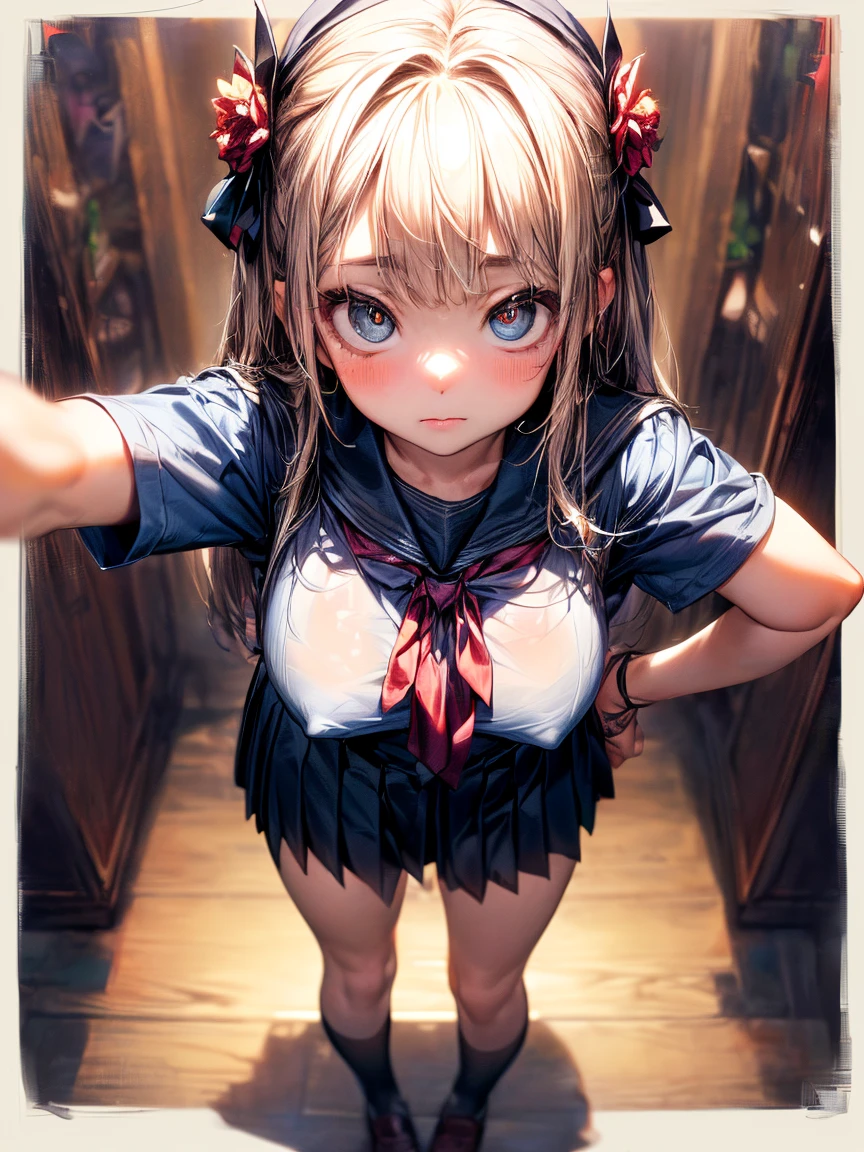 (High School Uniform:1.5)、(Spread your legs)、(Rich color expression)、(Big Breasts)、8K resolution、 masterpiece、((Highest quality))、Anatomically correct、The girl is alone、(I narrowed my eyes a little..:2)、(Flower Hair Ornaments)、(tie)、(ribbon)、((Hasselblad Photos))、[:(Detailed face:1.2):0.2]、(On all fours)、(Standing on tiptoes:1.3)