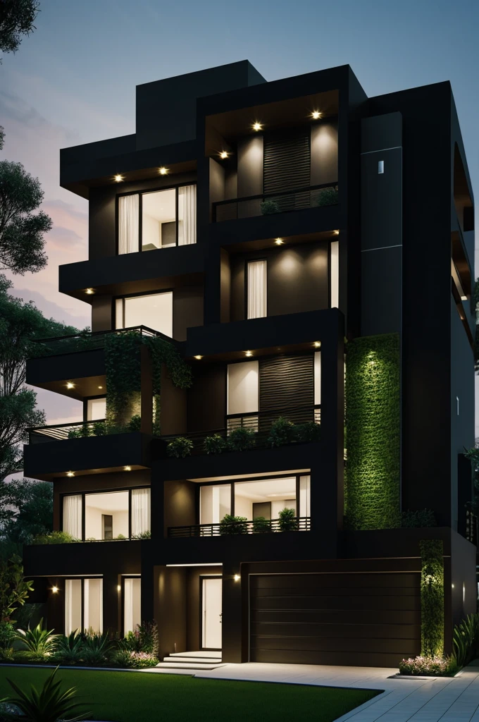 generates a modern mansion, black color with plants and led lights