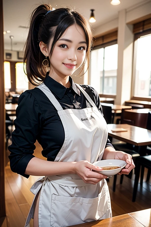 Woman working in a café, 30 years old,Mature Woman,Nao Kosaka,Smile,Slender figure,uniform,Black Apron,Light brown hair,Medium Hair,ponytail,Natural Makeup,Earrings