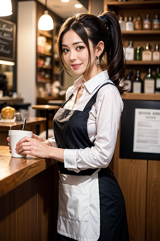 Woman working in a café, 30 years old,Mature Woman,Nao Kosaka,Smile,Slender figure,uniform,Black Apron,Light brown hair,Medium Hair,ponytail,Natural Makeup,Earrings