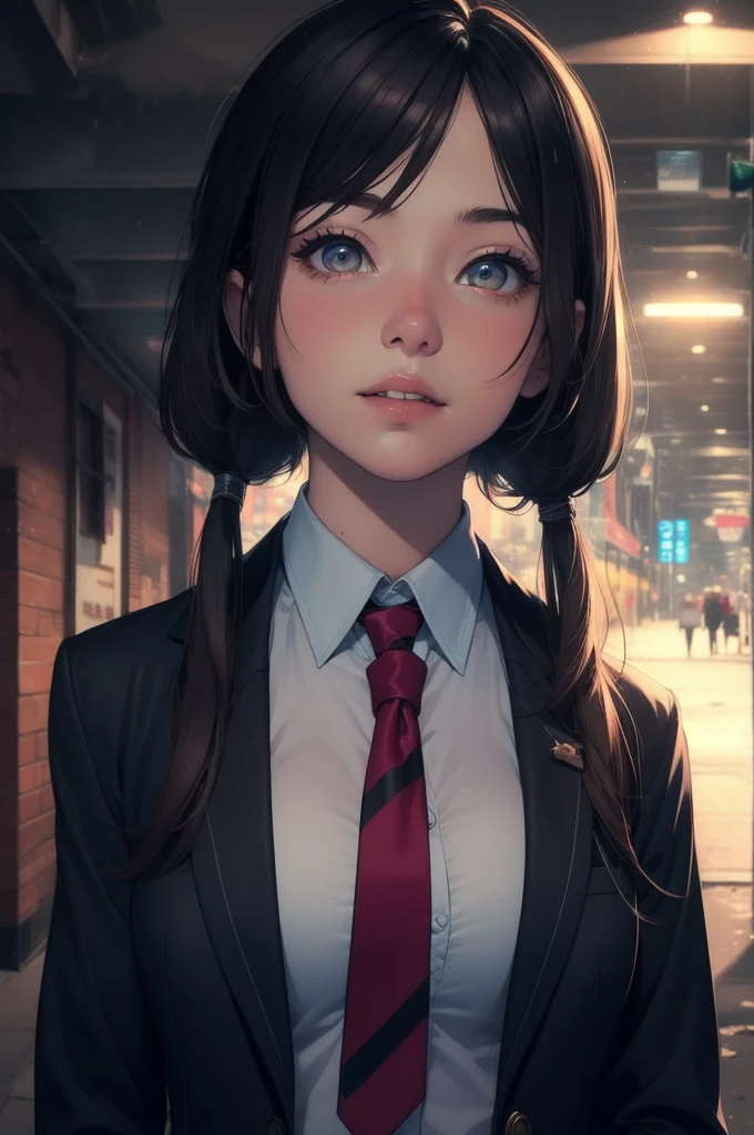 (Smoother lighting:1.05), (Improving the lighting quality of movies:0.9), One girl, Realistic lighting, Backlight, Light on the face, Ray-tracing, (Bright light:1.2), (Highest quality, masterpiece), 16 year old female, smile, Laughter, , White shirt, tie, Pigtails, Long Hair, Redhead, blush, View Viewer, cute, Captivating eyes, (Brown eyes), slouch, School corridor