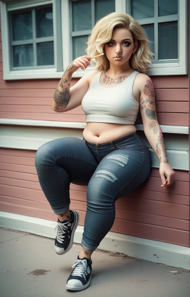 Ultra-realistic, 4k, 1girl, pretty face, cute eyes, perfect body, blonde blob hair, many tattoos, nose piercing, black jeans short, white crop top, fancy sneakers , seductive facial espressions, right hand holding a cigarette, left hand on ass, in nightclub, near the bar, dark scene, dark themed bar, dirty shorts, dirty floor, dirty clothes, (((make the whole image filthy and dirty))), (((mud overflowing from shorts))), stinky atmosphere, filthy atmosphere, mud on shorts, disgusting area, too much mud on shorts,