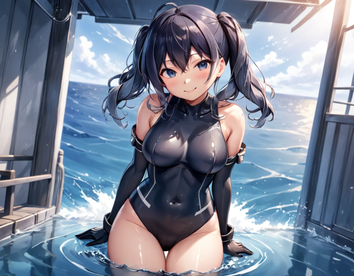 ((kancolle, Kantai Collection, Kashima)), (large breasts), breast bags, slightly slanted eyes, long black rubber gloves, long black knee-high socks, blue competition swimsuit, wrinkled swimsuit, tight swimsuit, swimsuit reflecting light, wet swimsuit, wet skin, framed breasted, double bust, framed groin, framed navel, cleavage sticking to swimsuit, sunlight, one arm raised up, sitting, legs closed, from the front and slightly below, looking at the viewer, kind teasing light smile