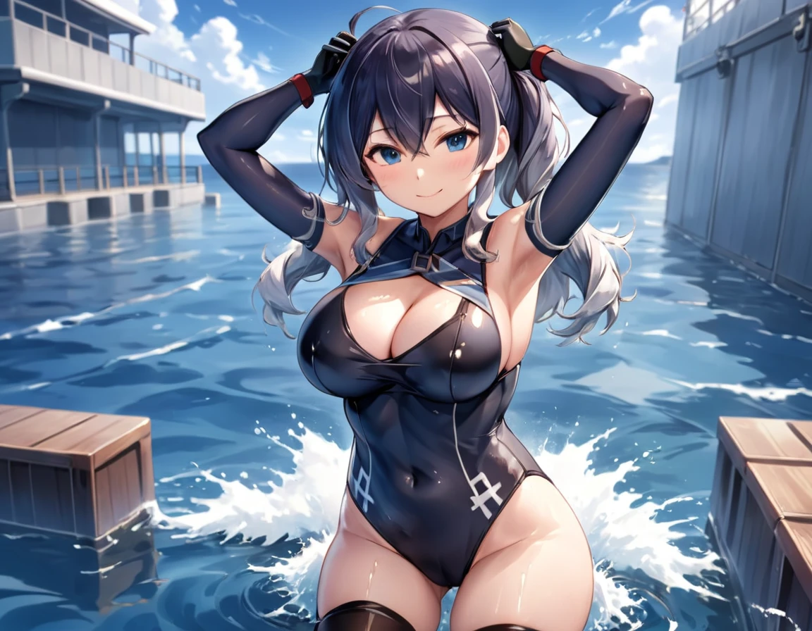 ((kancolle, Kantai Collection, Kashima)), (large breasts), breast bags, slightly slanted eyes, long black rubber gloves, long black knee-high socks, blue competition swimsuit, wrinkled swimsuit, tight swimsuit, swimsuit reflecting light, wet swimsuit, wet skin, framed breasted, double bust, framed groin, framed navel, cleavage sticking to swimsuit, sunlight, one arm raised up, sitting, legs closed, from the front and slightly below, looking at the viewer, kind teasing light smile