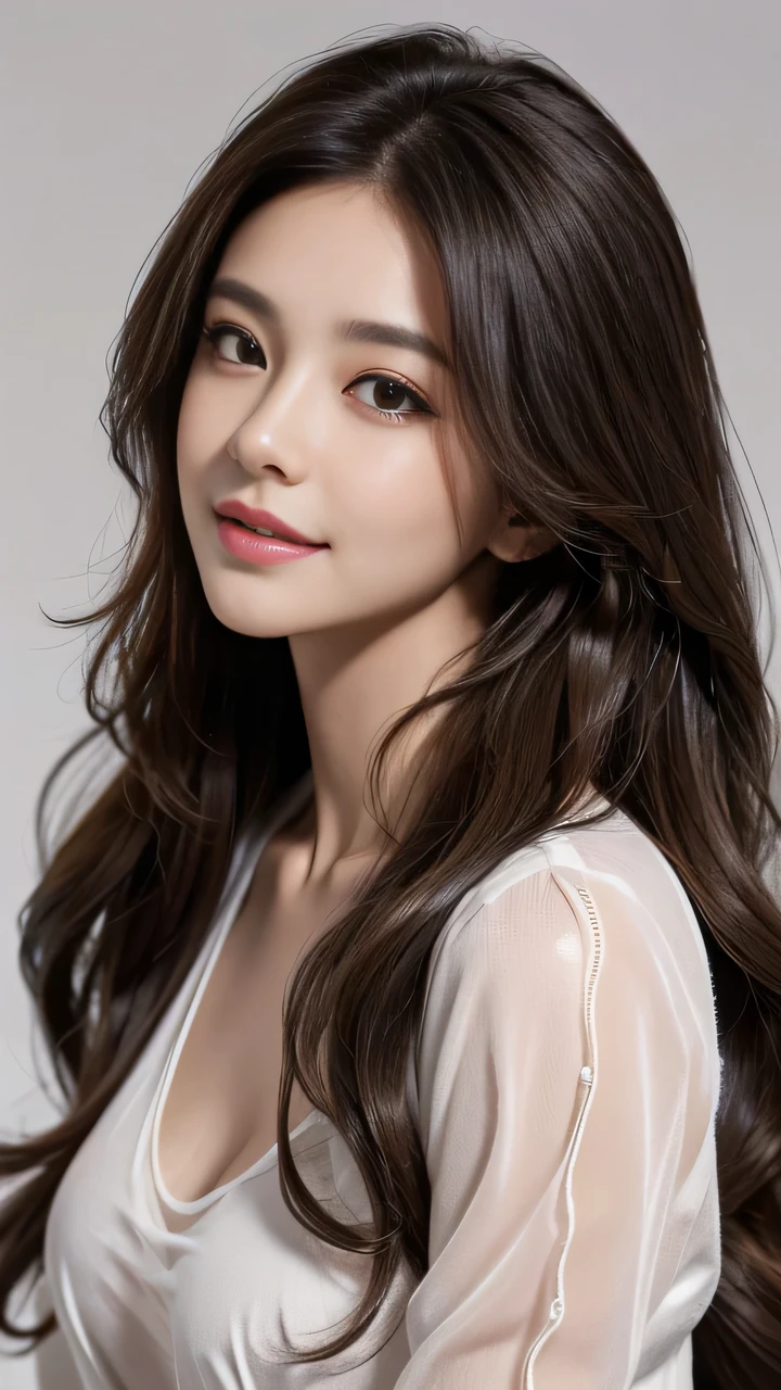 best quality, Practical, Very detailed, Finely, high resolution, 8k wallpaper, A beautiful woman,, Light brown messy hair, He was wearing a black see-through open-neck shirt........, Clear focus, Perfect dynamic composition, Exquisite and detailed, In wavy hair, Detailed Practical skin texture, Smile, Close-up portrait, Model body type、#39;secretary、