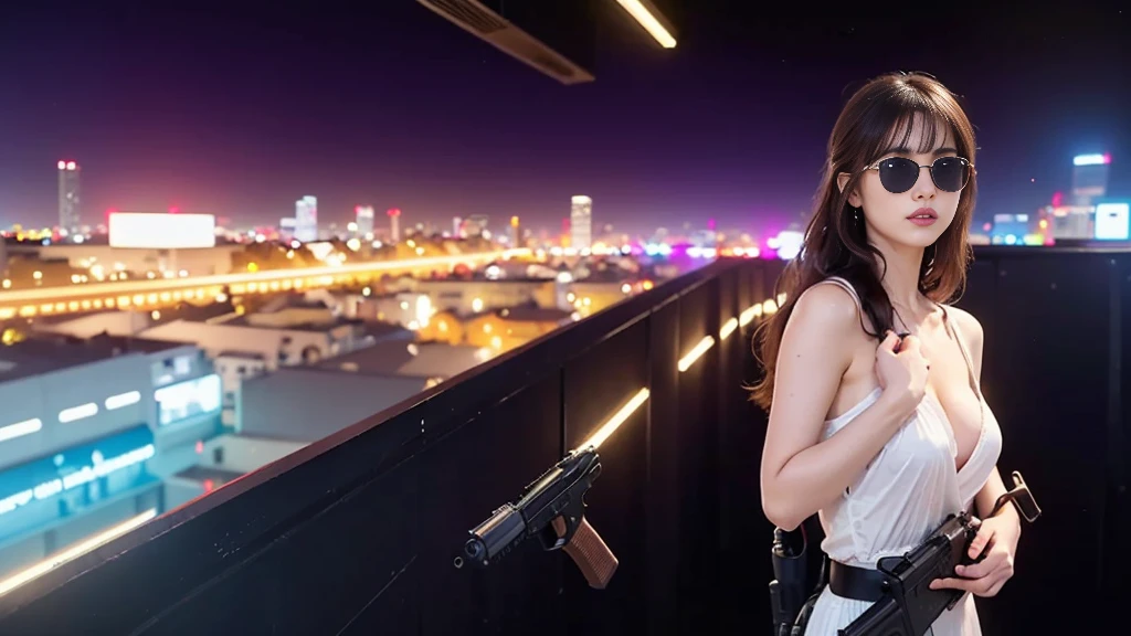 (Raw photography, 4K, masterpiece, hight resolution, very intricate), (Photorealsitic:1.4), Cinematic Lighting, (((((at night))))), (((1Girl, solo))), solofocus, Wet, full body Esbian,large breasts, Chest exposed, cleavage of the breast, wide open ass, pubic hair, Slim waist, eyes are brown, ((masterpiece:1.2)), top-quality, top-quality, Official art,the Extremely Detailed CG Unity 8K Wallpapers, artbook, a picture, (Brown hair long hair), Hair disheveled, aerial view of cyberpunk city, Expressive Hues, Vibrant Palette, B deficiency and white clothes, (((matrix style black micro sunglasses))), (((aiming with a short gun))), (((looking at camera))), (((very low view))).
