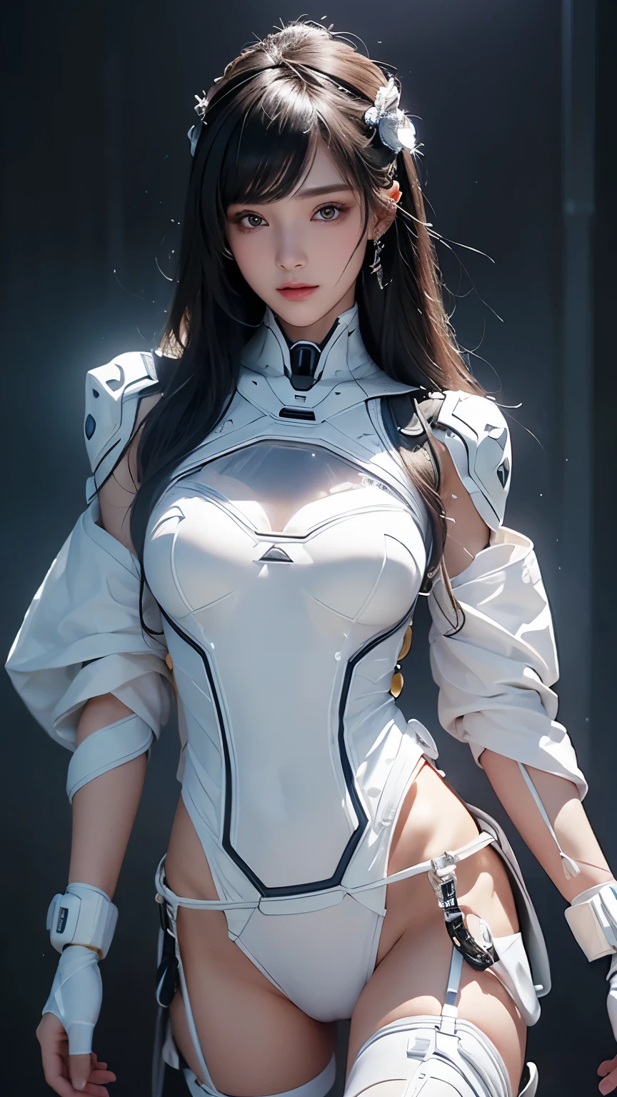 Japanese women、23 years old、Standing pose、Like the whole body、Moderately sized bust、(((A white synthetic cybernetic suit that covers the body to the bare minimum.、Non-lumpy arm cover、Leg protector、Steampunk details、)))、((Exposure of the abdomen and thighs))、((Transparent Panty House))、beautiful chestnut hair、 Detailed skin texture, Detailed cloth texture, Beautifully detailed face, Looking into the camera、double eyelid、Shining Eyes、Laughter、Perfect Ass、Intricate details, Ultra-detailed, Soft rays of light、Cinema Lighting、Shining Eyes、Glowing Skin、Realistic、The perfect woman、Narrow waist、Seductive posture、Sexy pose、Very delicate and beautiful、Highest quality、Beautiful detailed girl、Beautiful Eyes、Facial Light、Soft Light、Cinema Lighting、Dark Background、See through、Realistic facial expressions