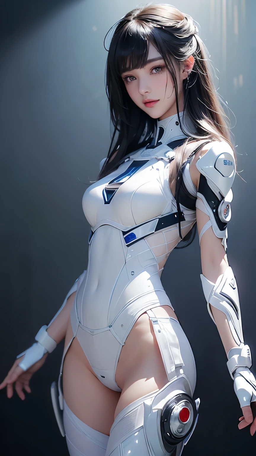 Japanese women、23 years old、Standing pose、Like the whole body、Moderately sized bust、(((A white synthetic cybernetic suit that covers the body to the bare minimum.、Non-lumpy arm cover、Leg protector、Steampunk details、)))、((Exposure of the abdomen and thighs))、((Transparent Panty House))、beautiful chestnut hair、 Detailed skin texture, Detailed cloth texture, Beautifully detailed face, Looking into the camera、double eyelid、Shining Eyes、Laughter、Perfect Ass、Intricate details, Ultra-detailed, Soft rays of light、Cinema Lighting、Shining Eyes、Glowing Skin、Realistic、The perfect woman、Narrow waist、Seductive posture、Sexy pose、Very delicate and beautiful、Highest quality、Beautiful detailed girl、Beautiful Eyes、Facial Light、Soft Light、Cinema Lighting、Dark Background、See through、Realistic facial expressions