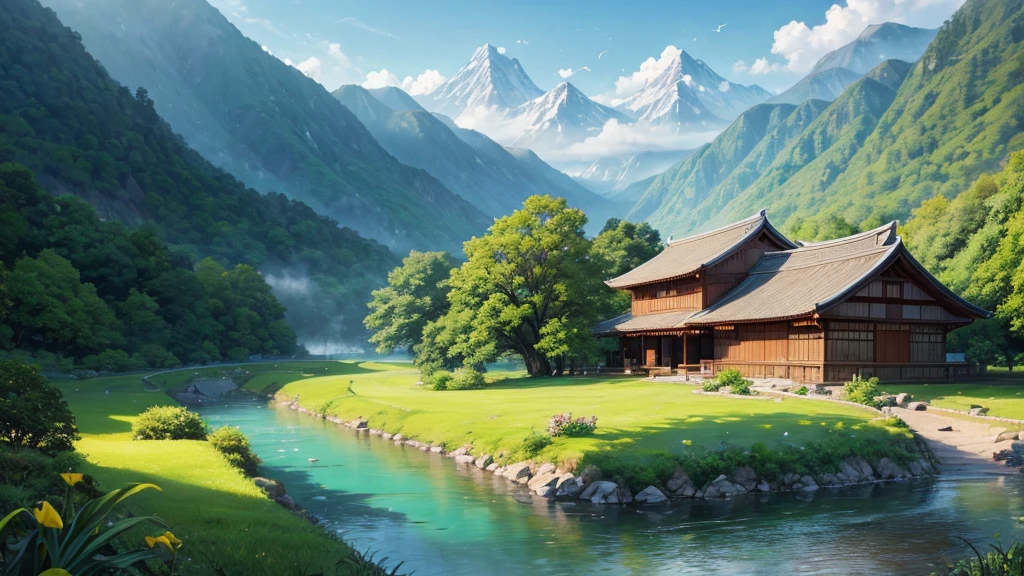 a peaceful landscape, Could be a painting, with a river flowing through the valley and traditional Asian-style houses nestled among lush green nature. The mist-covered mountains lie in the background, and there are birds flying in the sky. The scene is quiet and in harmony with nature, may attract attention for its aesthetic beauty or cultural representation. Aerial view
