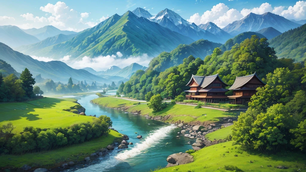 a peaceful landscape, Could be a painting, with a river flowing through the valley and traditional Asian-style houses nestled among lush green nature. The mist-covered mountains lie in the background, and there are birds flying in the sky. The scene is quiet and in harmony with nature, may attract attention for its aesthetic beauty or cultural representation. Aerial view
