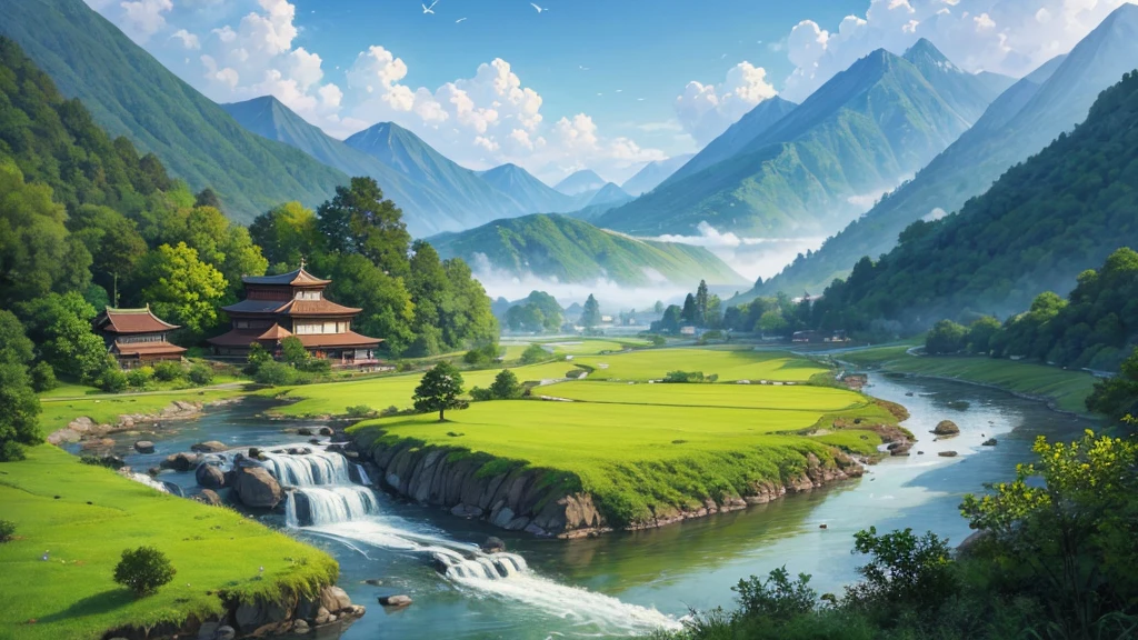 a peaceful landscape, Could be a painting, with a river flowing through the valley and traditional Asian-style houses nestled among lush green nature. The mist-covered mountains lie in the background, and there are birds flying in the sky. The scene is quiet and in harmony with nature, may attract attention for its aesthetic beauty or cultural representation. Aerial view
