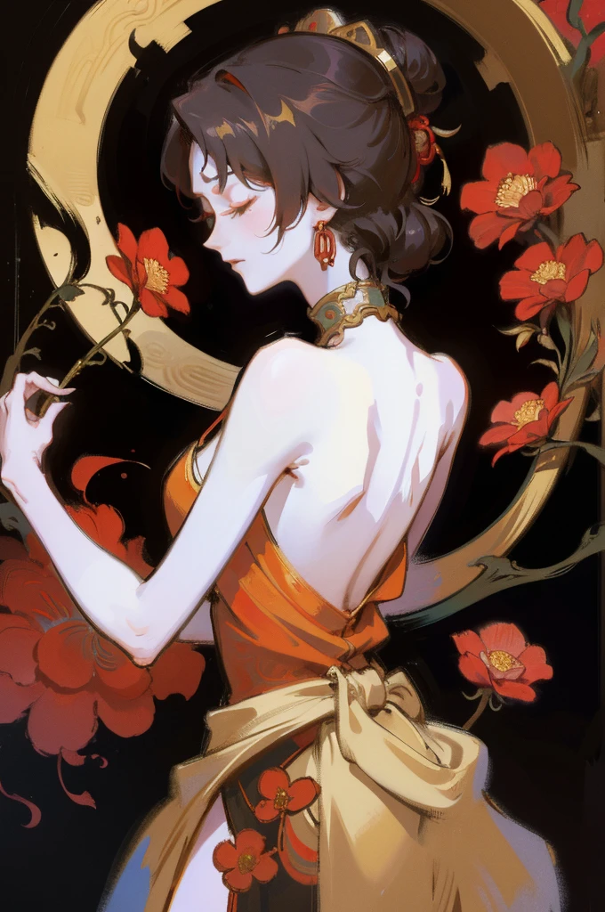 There is a woman's back in ancient China, back of the head, (only), (bare back tattoo), beautiful closed eyes, detailed face, like a dream, red and gold flowers, Ukiyo style, artwork Guwitz style. , Guviz, Alphonse Mucha and Rose Drews, a beautiful artistic illustration, author: Li Song, author: heroes, author: Zou Zhe, by Zeng Jing, by Ye Xin, author: Shitao, author: Zhou Fang, art nouveau Korean anime