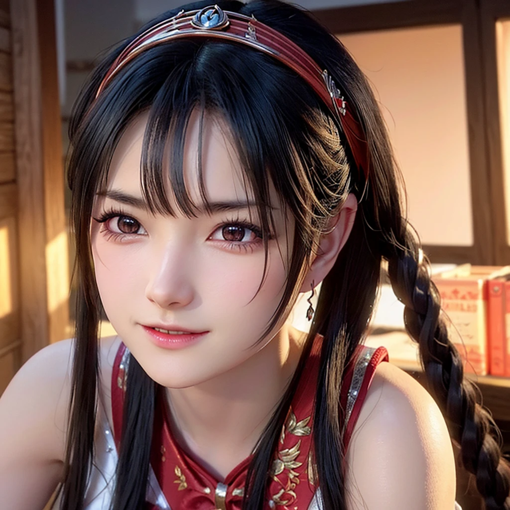 a beautiful detailed portrait of Mai Shiranui, detailed realistic facial features, sharp pointy breasts, wearing the original character outfit, highly detailed, 8k, photorealistic, dramatic lighting, hyper detailed, realistic skin texture, intricate details, cinematic composition, vibrant colors