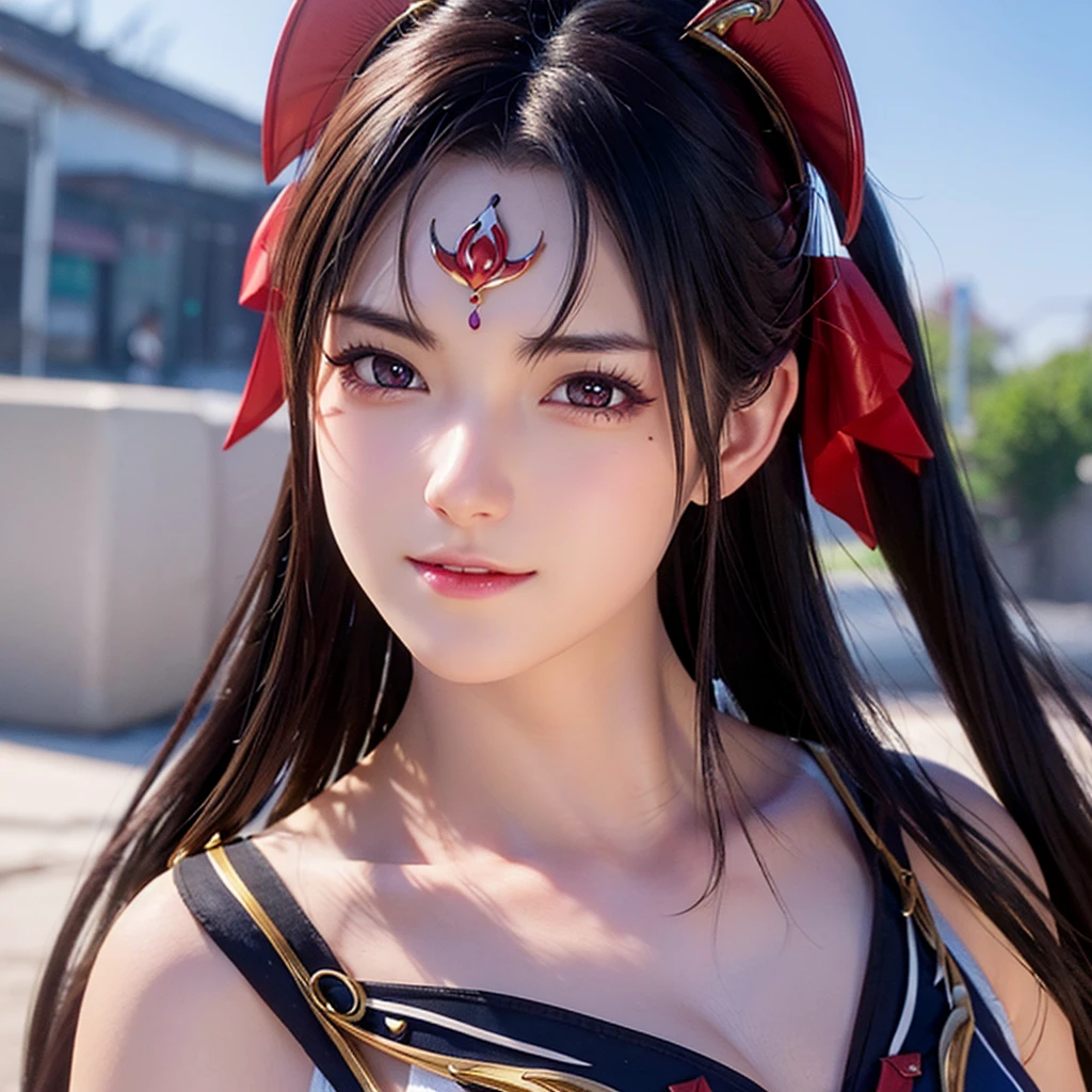 a beautiful detailed portrait of Mai Shiranui, detailed realistic facial features, sharp pointy breasts, wearing the original character outfit, highly detailed, 8k, photorealistic, dramatic lighting, hyper detailed, realistic skin texture, intricate details, cinematic composition, vibrant colors