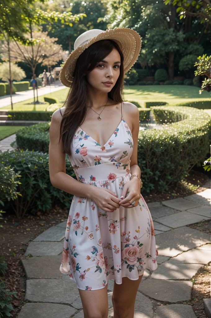 1girl in, 30 years old, Square face, Long hair, Looking at viewer, jewelry, Reality, Sexy, in a flowing A-line, floral dress complemented by a wide-brimmed hat, in a picturesque park or botanical garden