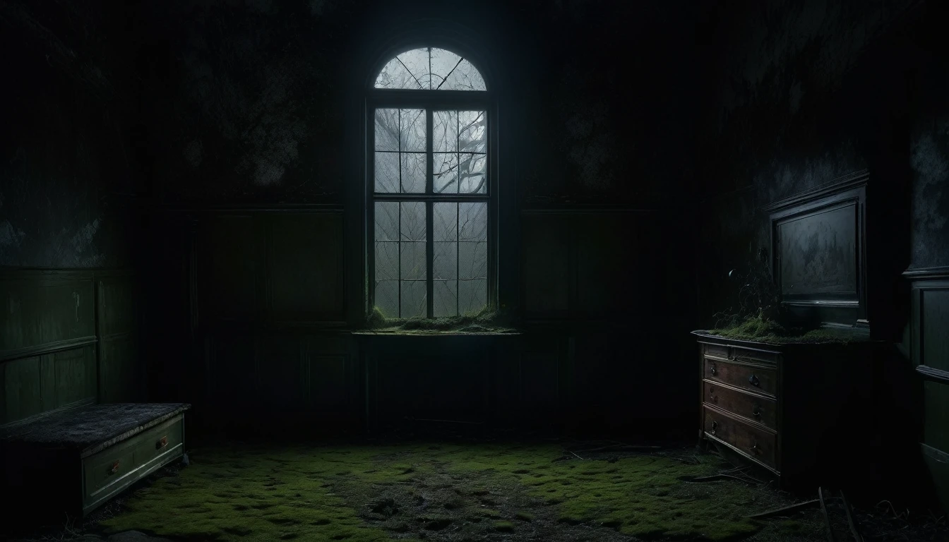 1girl, old creepy dutch house, abandoned, cobweb covered, moss covered, dark gloomy atmosphere, eerie vibe, moonlight, (best quality,4k,8k,highres,masterpiece:1.2),ultra-detailed,(realistic,photorealistic,photo-realistic:1.37),HDR,cinematic lighting,dramatic lighting,moody lighting,dark and gloomy,horror,dark fantasy,chiaroscuro