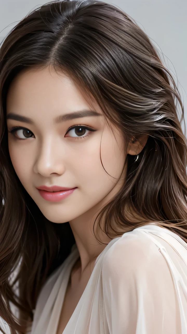 best quality, Practical, Very detailed, Finely, high resolution, 8k wallpaper, A beautiful woman,, Light brown messy hair, He was wearing a black see-through open-neck shirt........, Clear focus, Perfect dynamic composition, Exquisite and detailed, In wavy hair, Detailed Practical skin texture, Smile, Close-up portrait, Model body type、#39;secretary、