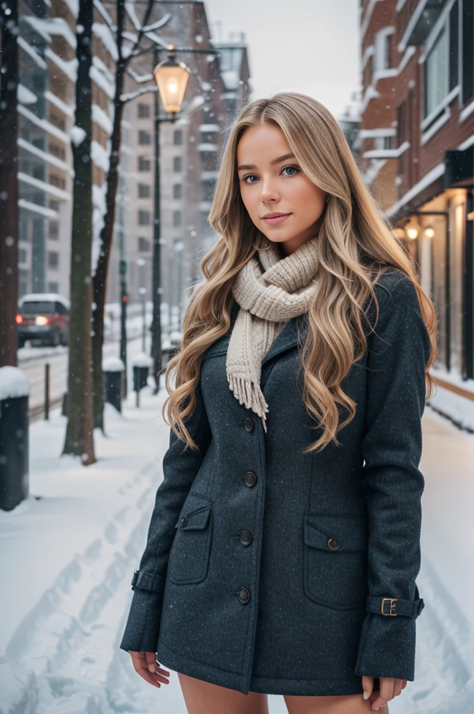 professional portrait photograph of a gorgeous Norwegian girl in winter clothing with long wavy blonde hair, sultry flirty look, gorgeous symmetrical face, cute natural makeup, wearing elegant warm winter fashion clothing, ((standing outside in snowy city street)), stunning modern urban environment, ultra realistic, concept art, elegant, highly detailed, intricate, sharp focus, depth of field, f/1. 8, 85mm, medium shot, mid shot, (((professionally color graded))), bright soft diffused light, (volumetric fog), trending on instagram, hdr 4k, 8k