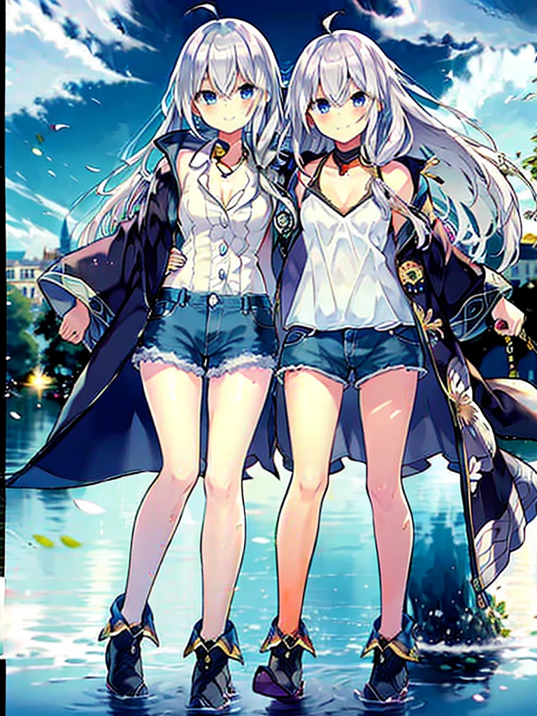 Anime multiple girls on the beach,Play in swimming trunks