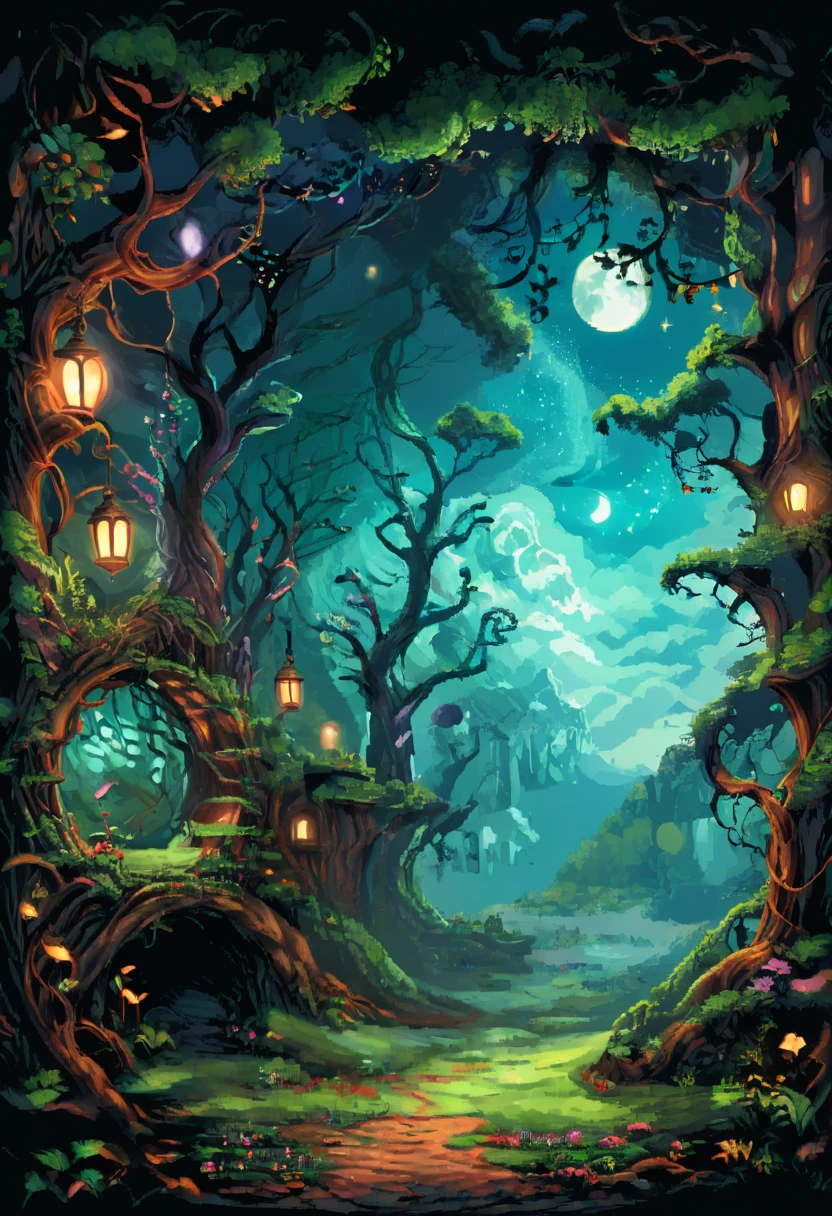 a surreal landscape composed of a starry sky full of bright constellations and a giant moon that illuminates an enchanted forest. In the woods, Twisted, iridescently colored trees intertwine with luminous vines that glow in the dark. Magical creatures like dancing fairies, majestic unicorns and winged dragons move through the trees, creating an atmosphere of magic and mystery. The scene is imbued with a sense of calm and wonder, inviting the viewer to immerse themselves in a world of fantasy and wonder.