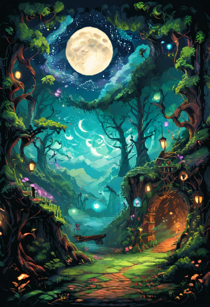 a surreal landscape composed of a starry sky full of bright constellations and a giant moon that illuminates an enchanted forest. In the woods, Twisted, iridescently colored trees intertwine with luminous vines that glow in the dark. Magical creatures like dancing fairies, majestic unicorns and winged dragons move through the trees, creating an atmosphere of magic and mystery. The scene is imbued with a sense of calm and wonder, inviting the viewer to immerse themselves in a world of fantasy and wonder.