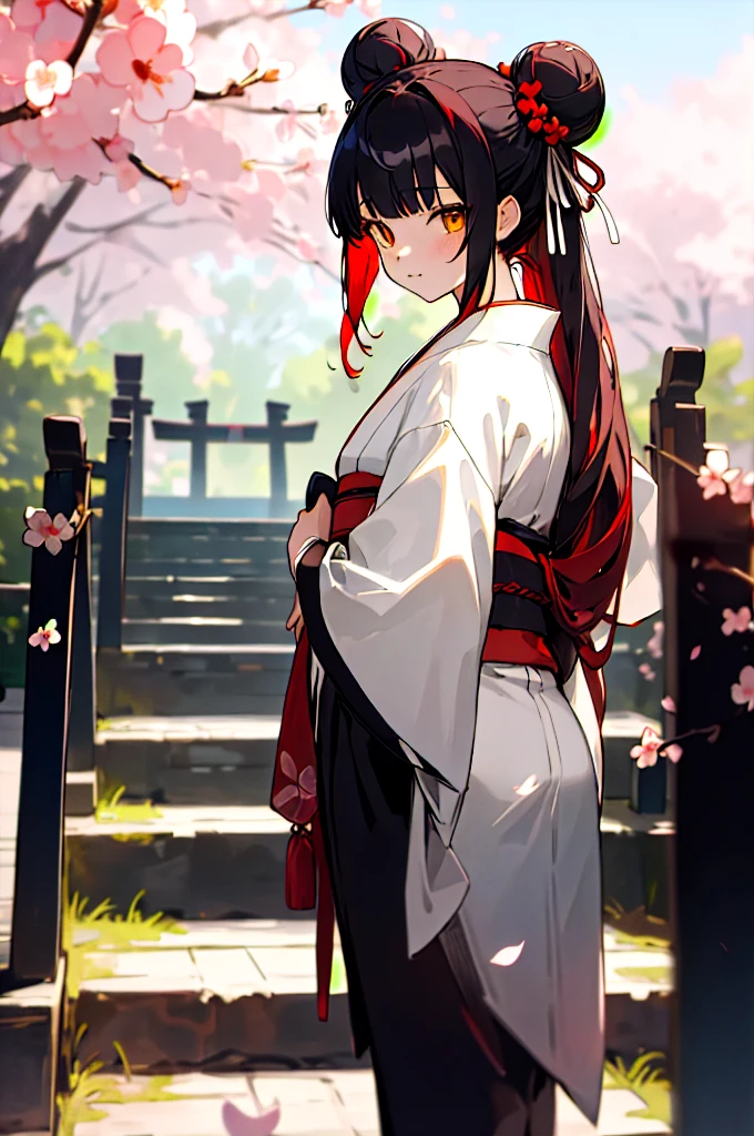 ((masterpiece,best quality)),2girls, black kimono, black legwear, black ribbon, black hair, cherry blossoms, day, flower, hair bun, hair ribbon, japanese clothes, kimono, long hair, looking at viewer, looking back, multiple girls, obi, outdoors, red eyes, red hair, ribbon, sandals, single hair bun, stairs, standing, statue, torii, tree, white kimono, yellow eyes