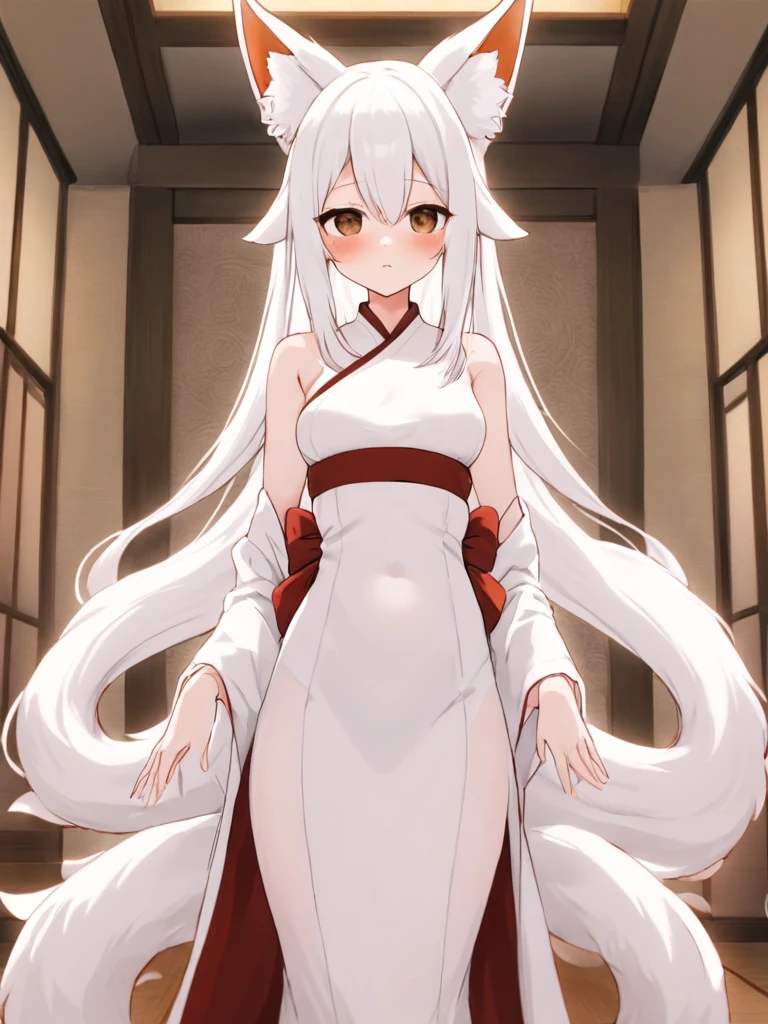 1girl, solo, long white hair, brown eyes, adult, narrow eyes, mature, nine-tailed Kitsune, kemonomimi, nine tails, fox ears, slender figure, average bust, white Kimono dress with red sash, light blush, fair-skinned, looking_at_viewer, indoors